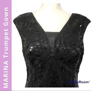 MARINA BLACK TRUMPET DRESS SEQUINS WITH TAFFETA SKIRT SIZE 10 Length Shortened